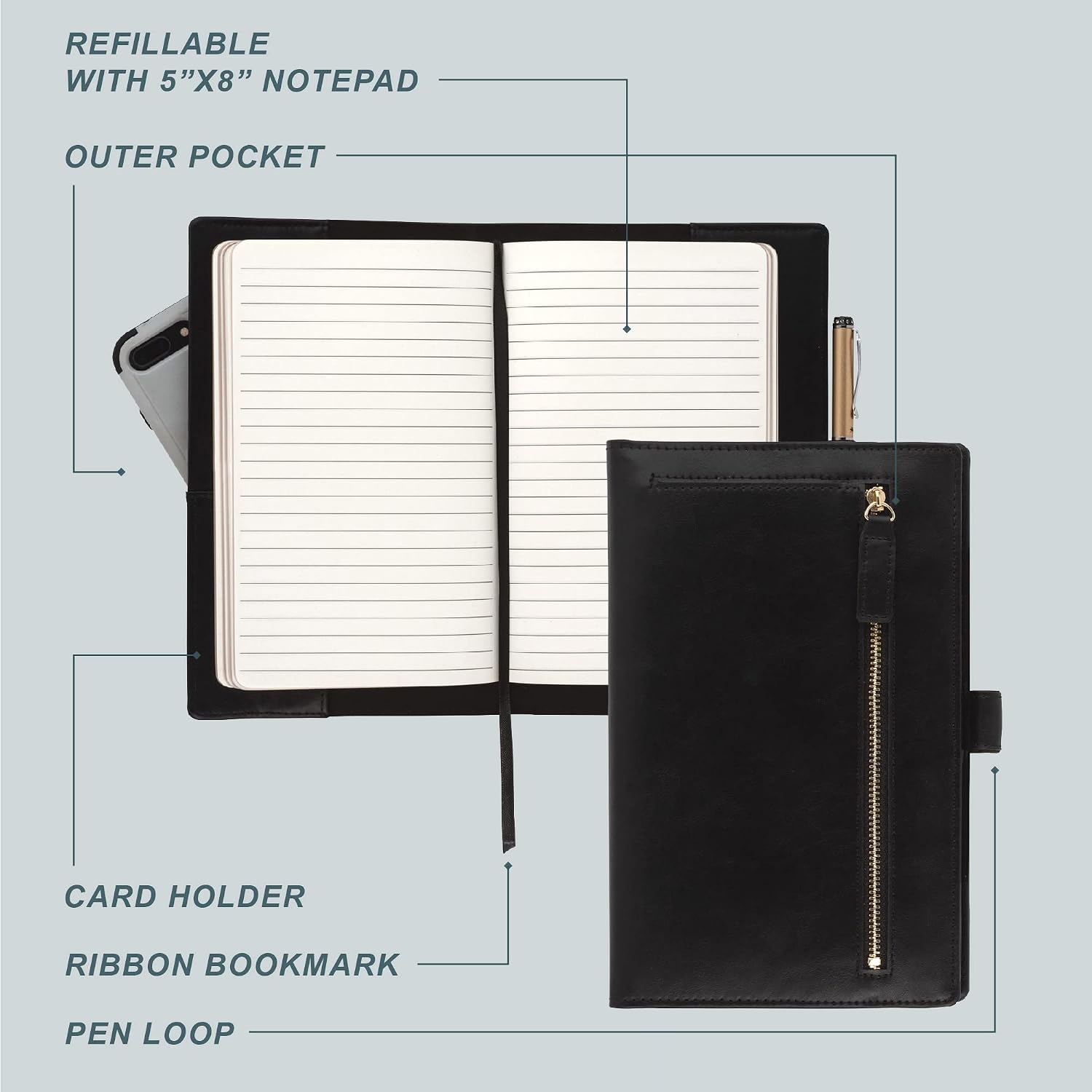 Samsill Notebook Portfolio - Business Portfolio for Women, Notebook Holder with Zipper Accessory Pocket, Refillable 5x8 Notepad, Black, 5 x 8 (71832)