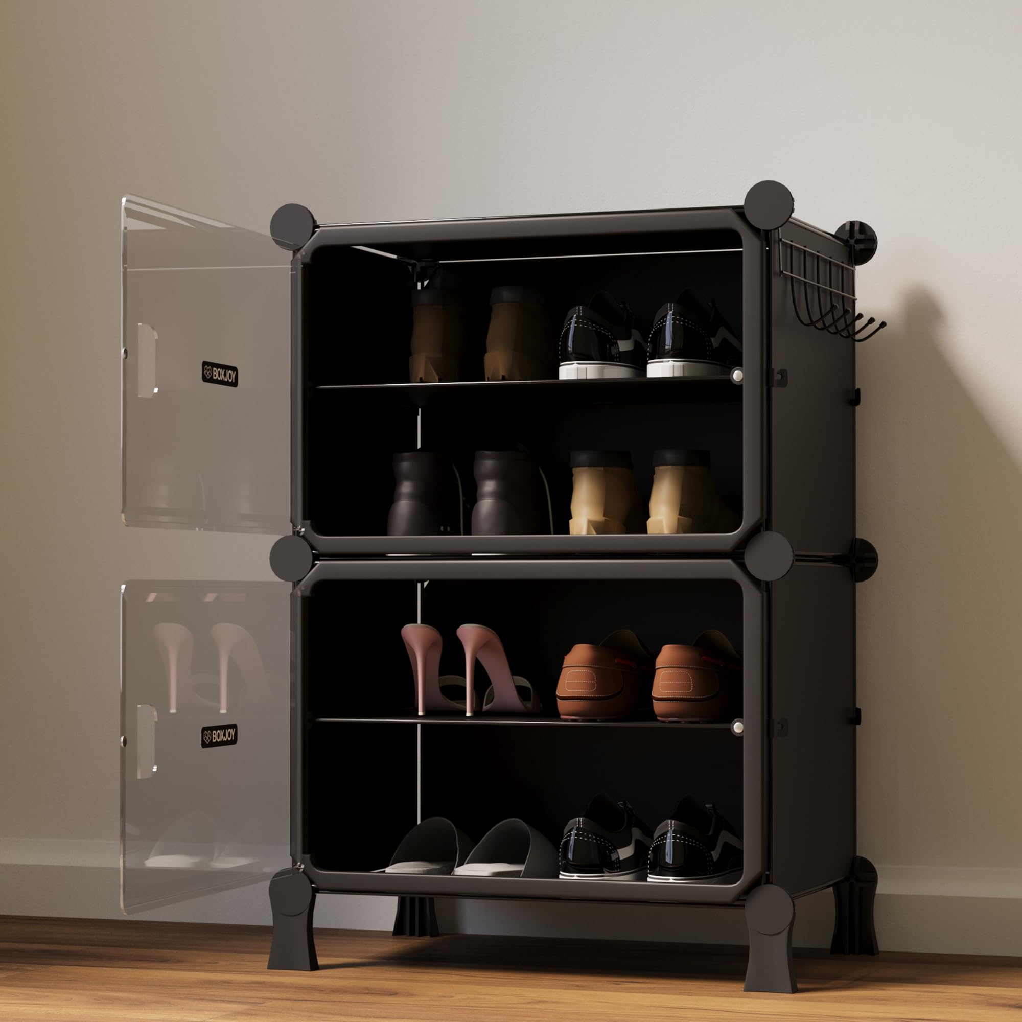 BOXJOY 4 Shelf Black Shoe Rack with 2 Transparent Doors & Steel Holder | Hard PET Plastic Door with Metal Frame & Wooden Hammer, Home Shoes Stand Organiser with Feet to Cover Chappal Slipper Sandals