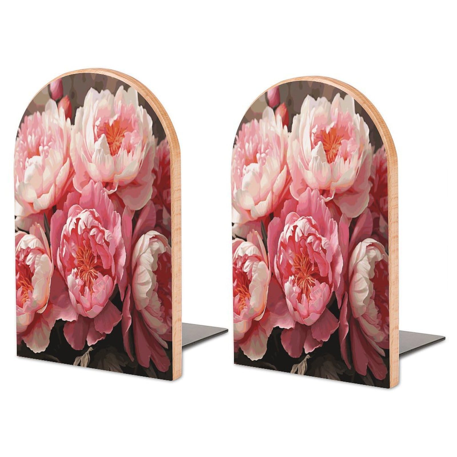 Peony Flowers Blossom Wood Bookend for Shelves 1 Pair