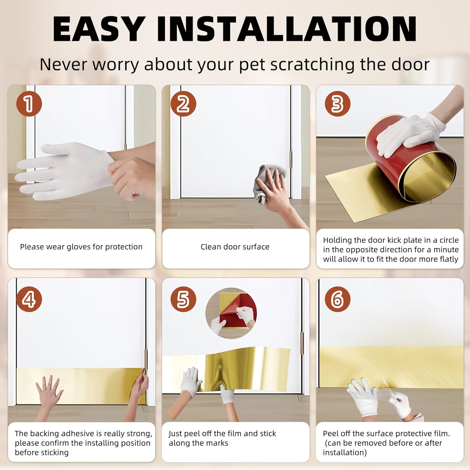 2 PCS 8" x 34" Self Adhesive Door Kick Plate for Bottom of Door, Stainless Steel Front Door Kick Plates, Kickplates for 36" Door Interior and Exterior (Brushed Gold)