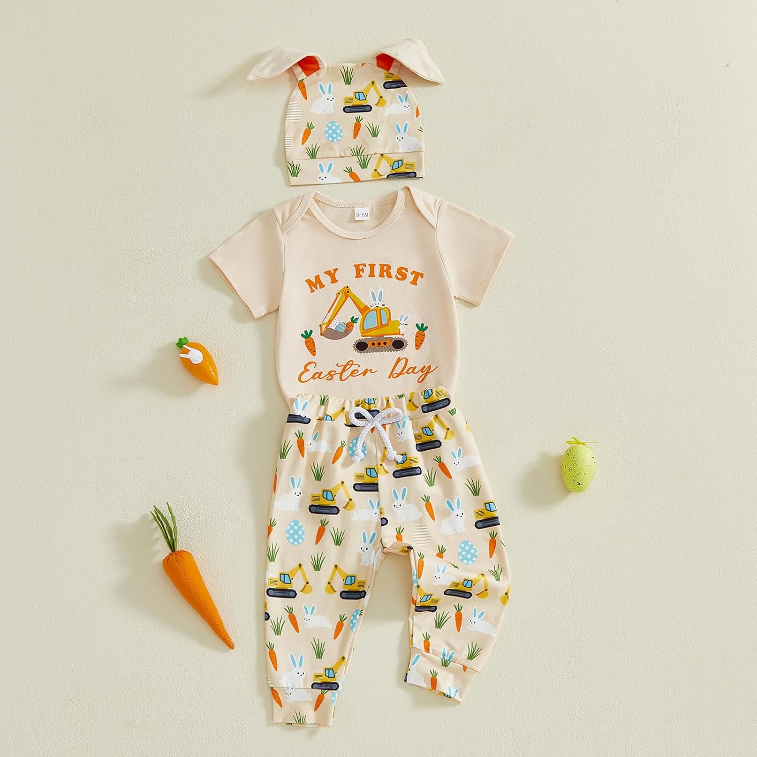 My First Easter Baby Boy Outfit Excavator Boy Bunny Short Sleeve Romper Pants Hat Infant Onesie Newborn Clothes - Image 3