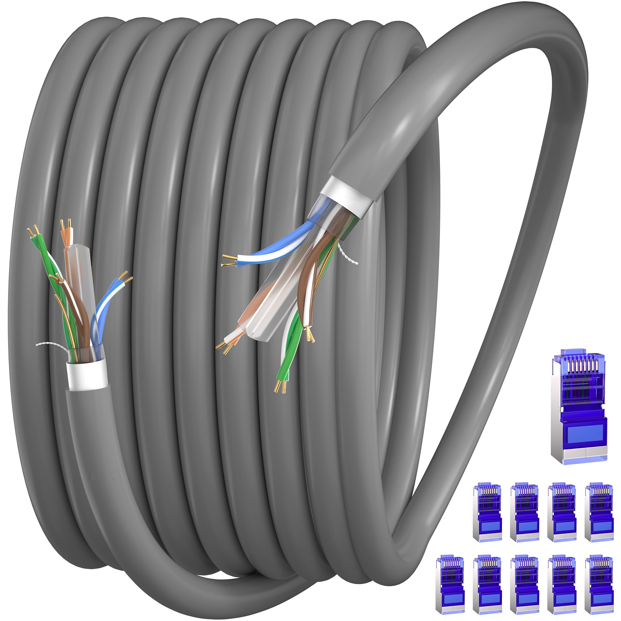 Cat 6 Outdoor Ethernet Cable Shielded 200ft (10 RJ45), 23AWG Cat6 Ethernet Cables Bulk, FTP, Direct Burial, Waterproof, In-Ground, UV Resistant,