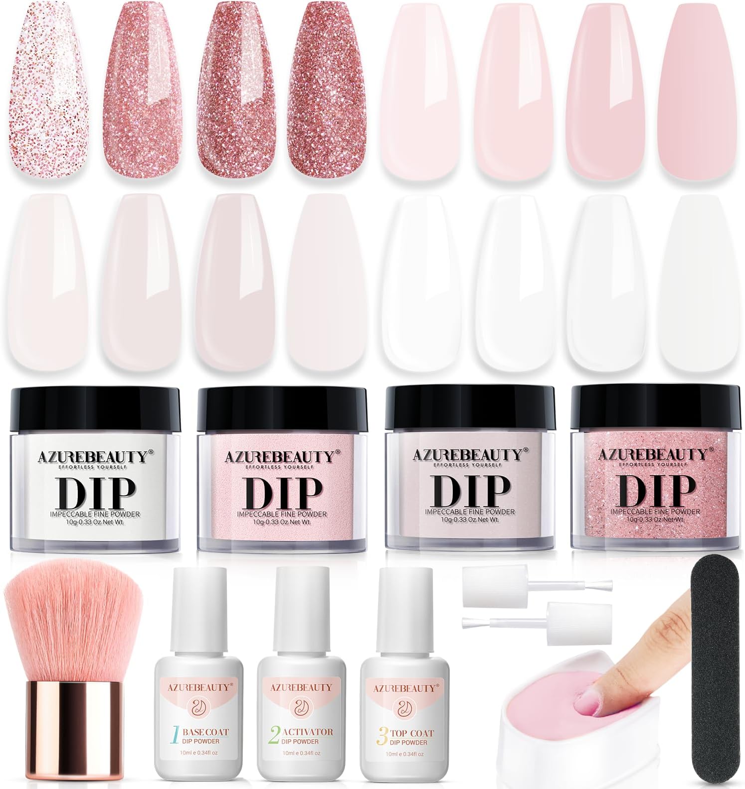 AZUREBEAUTY Dip Powder Nail Kit Starter, 4 Colors Glitter Soft Pink French Nail Art, with Base Coat, Top Coat and Activator Liquid, Suitable for All Seasons, Ideal for DIY Manicure and Salon Use