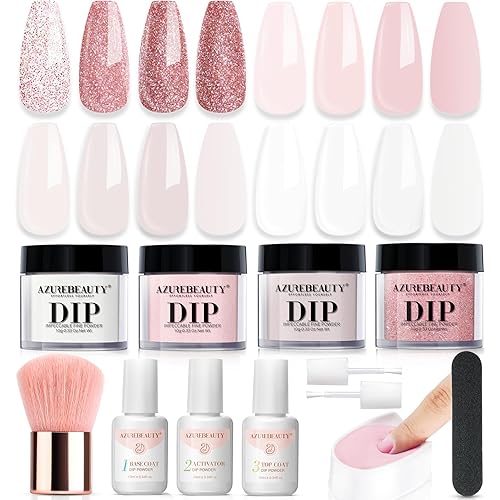 AZUREBEAUTY Dip Powder Nail Kit Starter, 4 Colors Glitter Soft Pink French Nail Art, with Base Coat, Top Coat and Activator Liquid, Suitable for All Seasons, Ideal for DIY Manicure and Salon Use