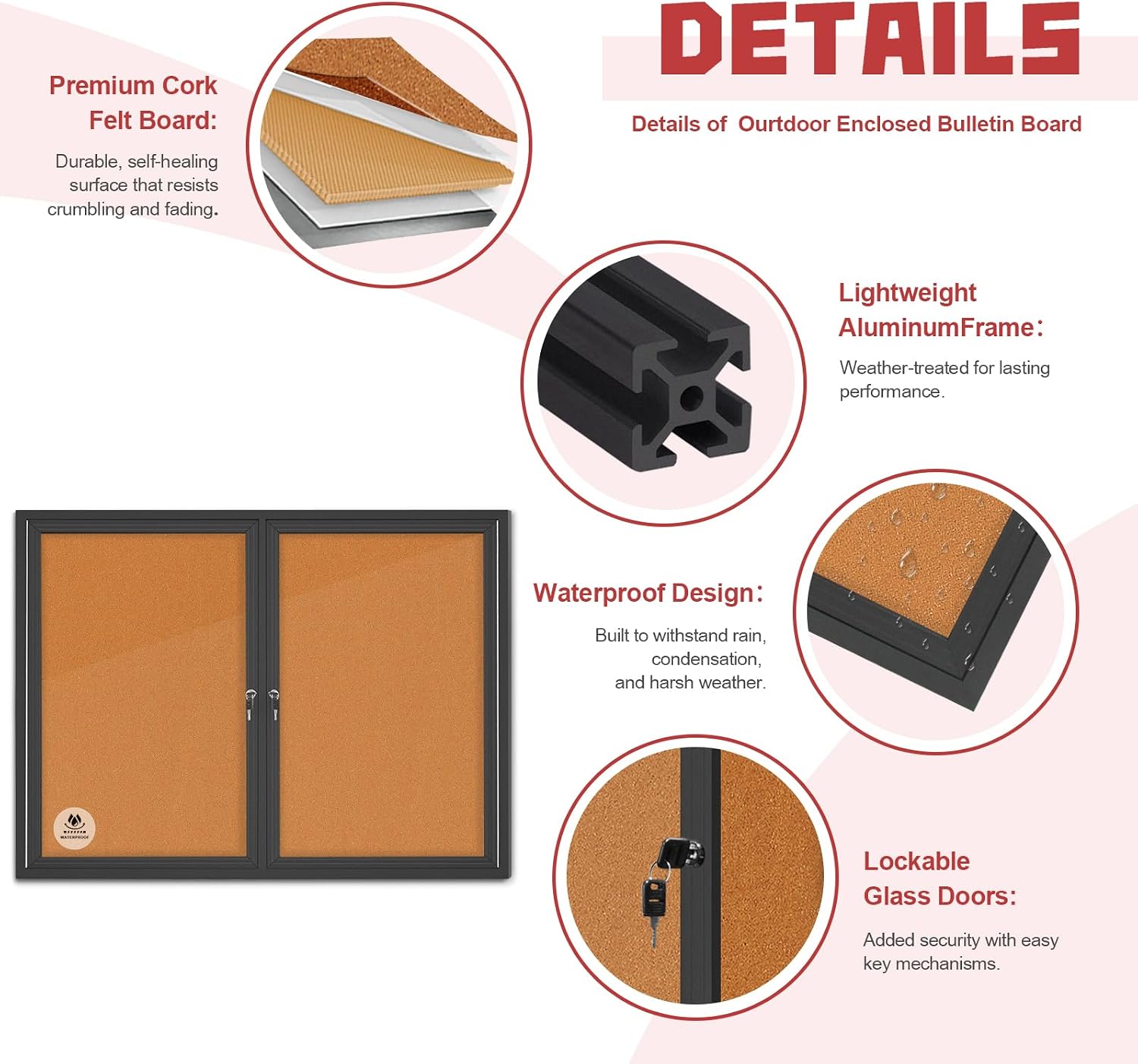 Lockable Outdoor Enclosed Bulletin Board,Weatherproof Cork Noticeboard with Locking Door, Wall-Mounted Aluminum Frame Display Case for Office, Home, School (Black Frame | Greyfelt Surface, 36x24 inch)