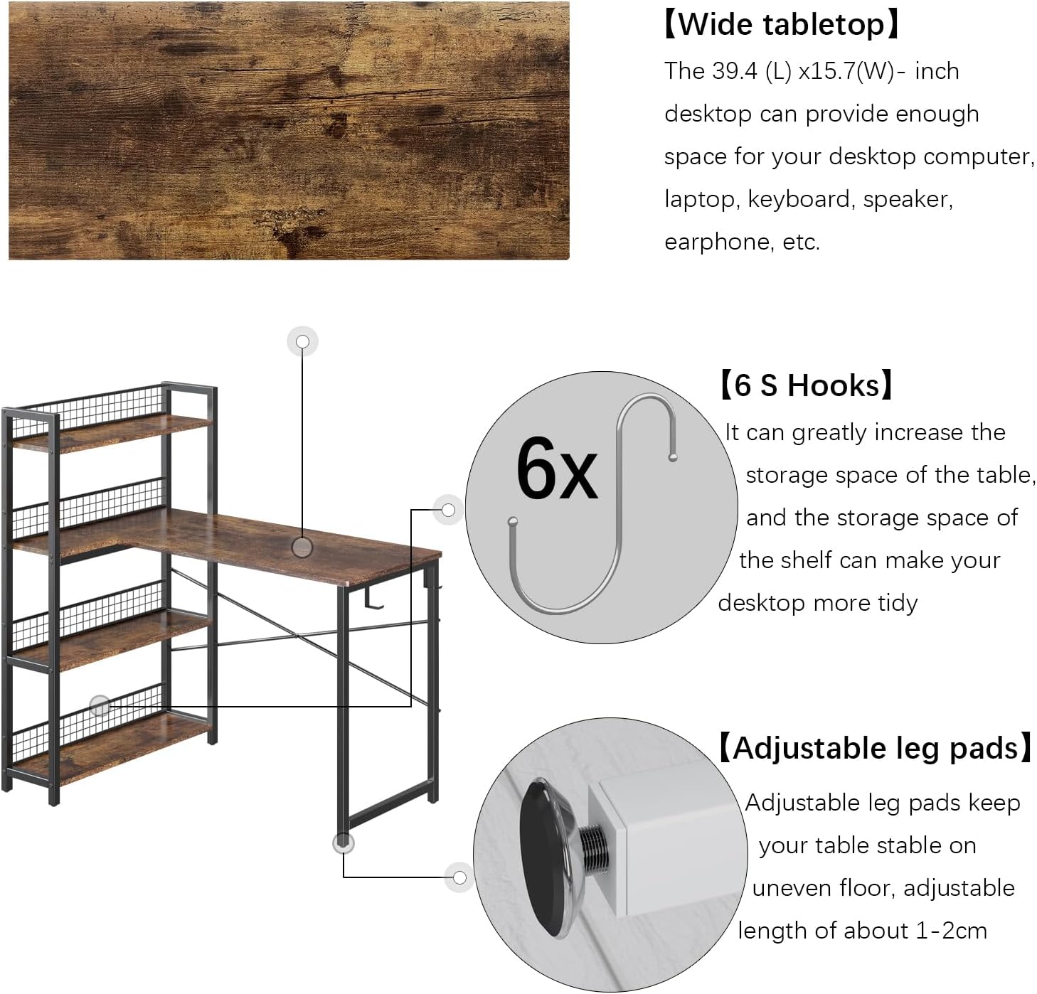 4NM 39.4" Small Computer L Shaped Desk with 4-Tier Bookshelf and 6 Hooks, Home Office Desk Writing Workstation Study Table for Small Space Work - Rustic Brown and Black