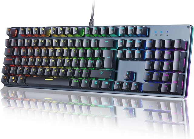 Mechanical Gaming Keyboard RGB Backlit 105 Keys UK Layout Rollover, Blue Switches Customizable Key with 12 LED RGB Color Modes, 7 Levels Brightness and Speed Adjustment, USB Wired for PC Gamers