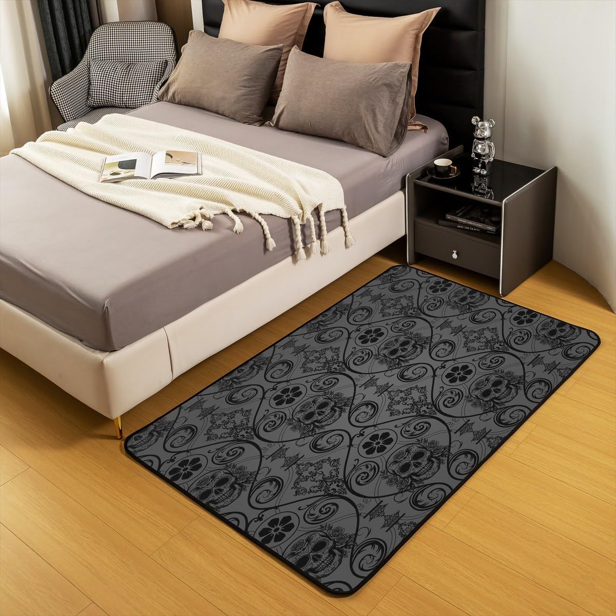 Feelyou Adults Black Vintage Damask Floral Area Rug Oriental Antique Area Rug 3x5 Exotic Sugar Skull Rose Living Room Rugs Gothic Bohemia Boho Indoor Floor Mat Indoor Floor Mat