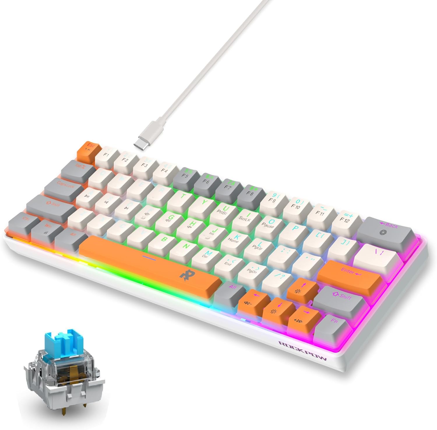 60% Mechanical Gaming Keyboard 60 Percent,LED Backlit Compact 63 Keys Mini Wired Keyboard for PC,Windows XP,Win 7/10,Vista,Me,Typist,Travel,(Grey-White-Orange, Blue Switches) Grey White Orange
