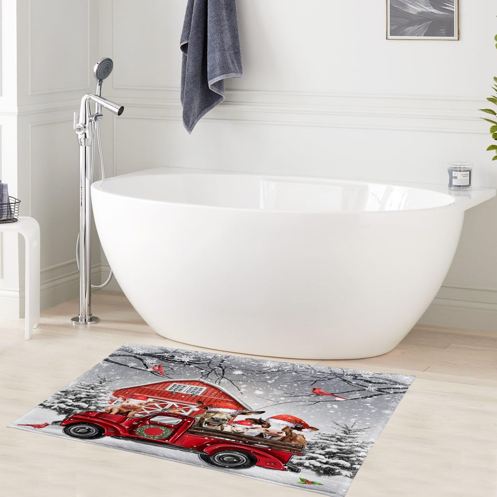 LB Farmhouse Christmas Bath Mat for Bathroom Pig Donkey Cow Red Truck Non Slip Floor Rug Grey Winter Snow Doormat Super Absorbent Memory Foam Living