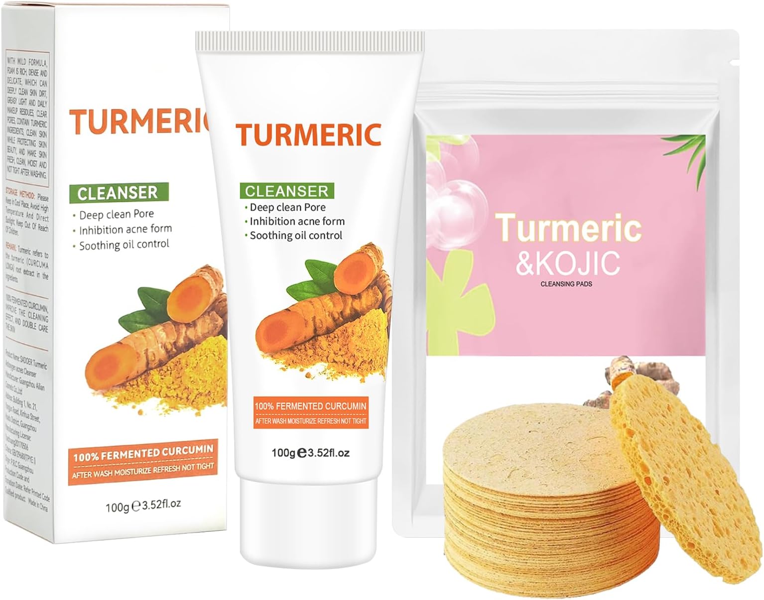 Turmeric Facial Cleanser with Cleansing Pads - Turmeric Face Wash Soap & 20Pcs Facial Sponges, Natural Turmeric Soap And Face Pads Skin Care Set for Women & Men, Smooth Skin