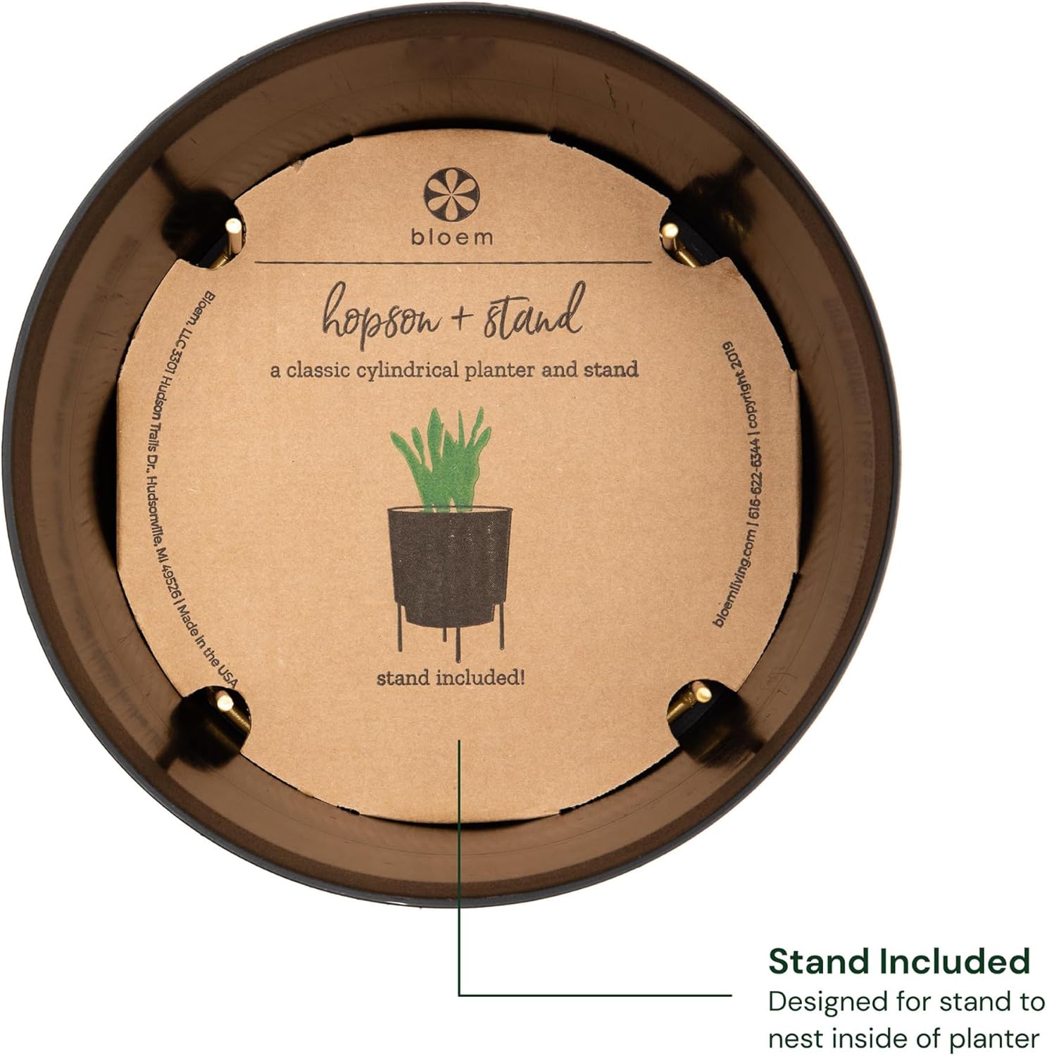 Bloem Hopson Decorative Resin Cachepot with Metal Stand, 10" Indoor and Outdoor Planter with Gold Metal Stand, Black