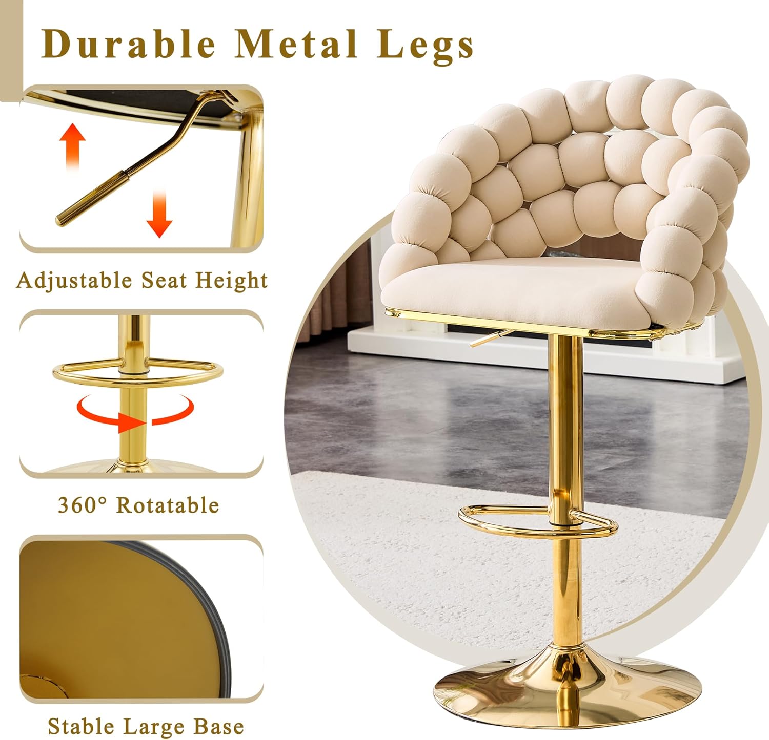 TesNus Bar Stools Set of 2, Swivel Adjustable Height Bar Stools with Back, Modern Velvet Counter Height Barstools for Kitchen Island, Bar Chairs with Arms, Gold Metal Base & Footrest, Beige