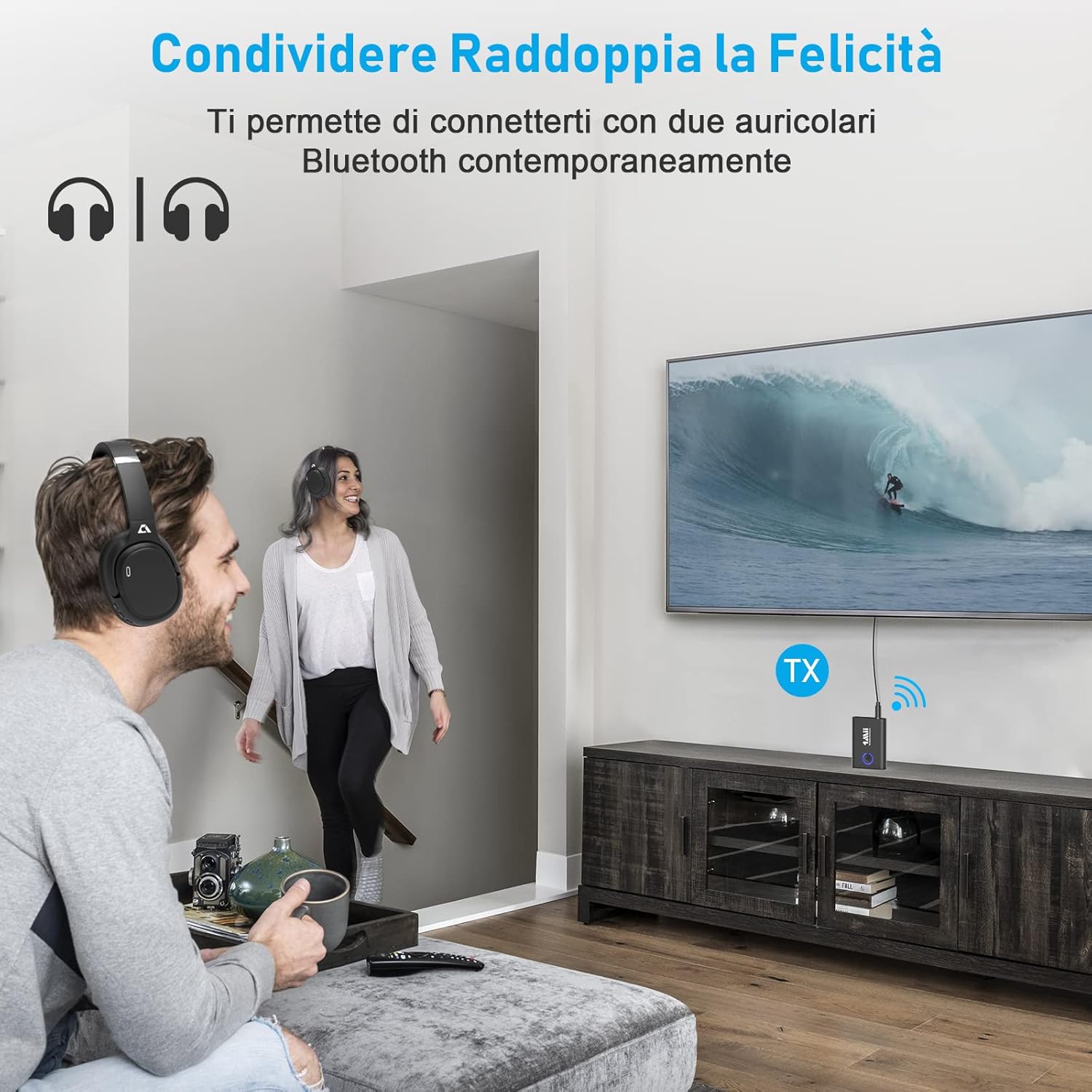 Two people wearing Bluetooth headphones, watching TV with the 1Mii ML301 connected in TX mode, demonstrating Dual Link.