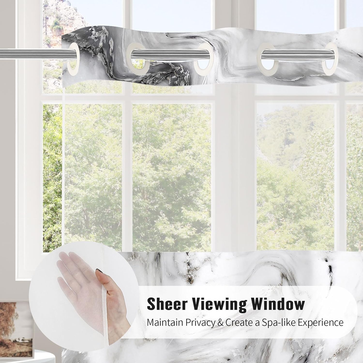 MitoVilla No Hooks Needed Extra Long Shower Curtain Set with Snap-in Liner, Grey 86 inch XL Marble Shower Curtains for Luxury Hotel Grade & Spa-Like Bathroom Decor