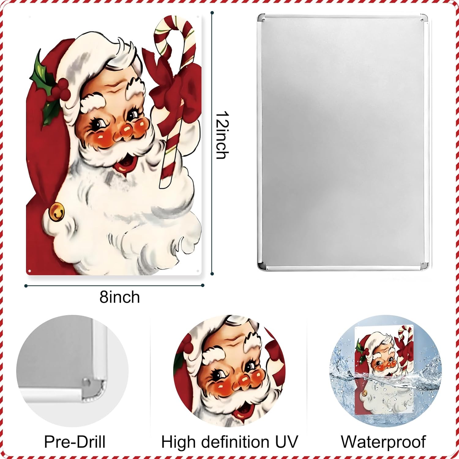 Vintage Santa Christmas Wall Decor Christmas Home Decor Candy Cane Decorations Retro Winter Holiday Metal Sign 8×12 Inches Tin Sign Santa Claus 8×12Inches