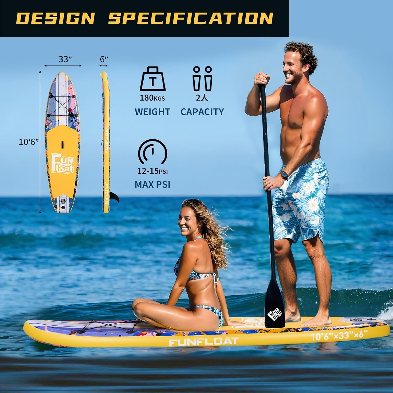 SUP, Paddle Board 11'x33 x6 Wide Inflatable Stand Up Paddle Board with Hand Pump, Leash, Adjustable Paddle for Basic Version, 100L Backpack, All-Round Sup Board