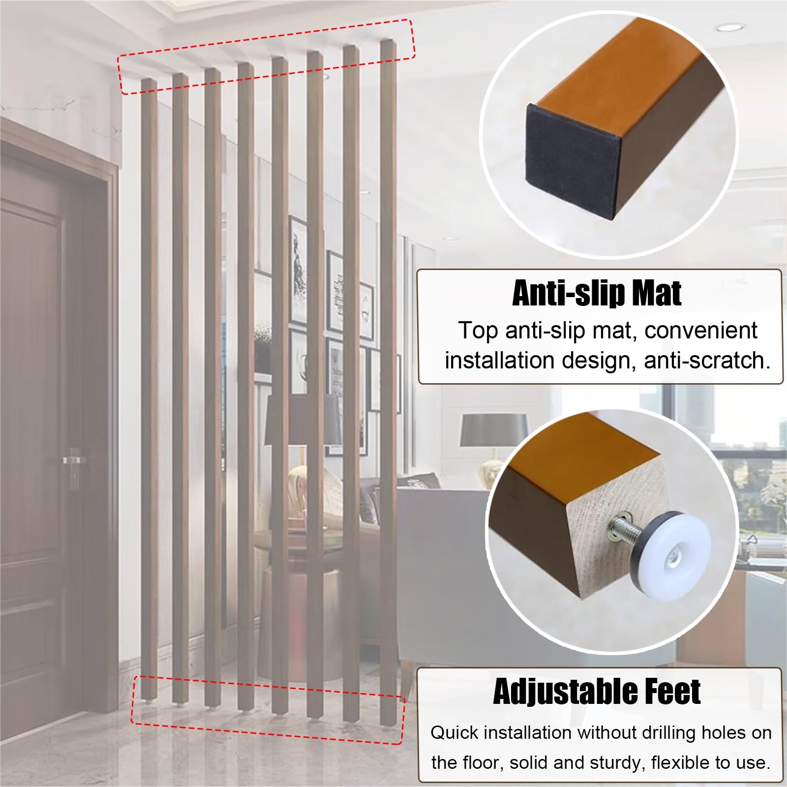Biombo Separador de Ambientes De Techo a Suelo Postes Divisorios Blancos, Paquete de 10 Columnas Divisorias con Pie Ajustable, Láminas de Madera Bloqueo de Privacidad para Sala de Estar, Vestíbulo, Re