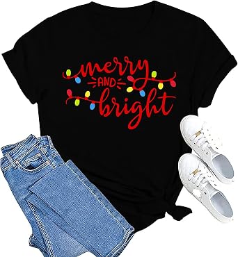 MAIHUN Christmas Shirts Womens Merry and Bright Shirt Xmas Holiday Tshirt Christmas Lights Tee Tops