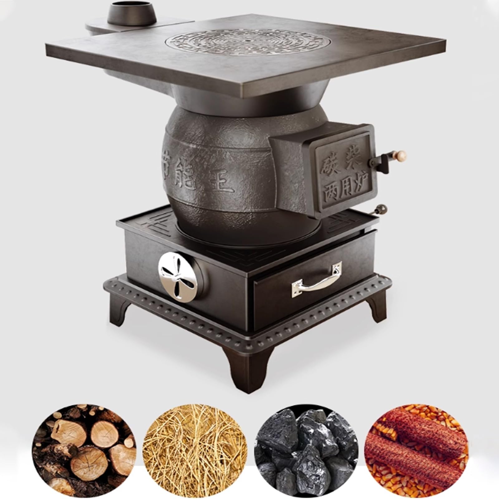 Estufa de leña para interiores con múltiples combustibles, hierro fundido con forro de horno grueso para calefacción y cocina del hogar, chimenea opcional
