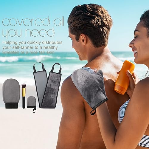 Miniatura 10 de Kit de 5 aplicadores de manopla autobronceadora, incluye guante exfoliante, manopla de bronceado, mini guante facial, aplicador de loción para la