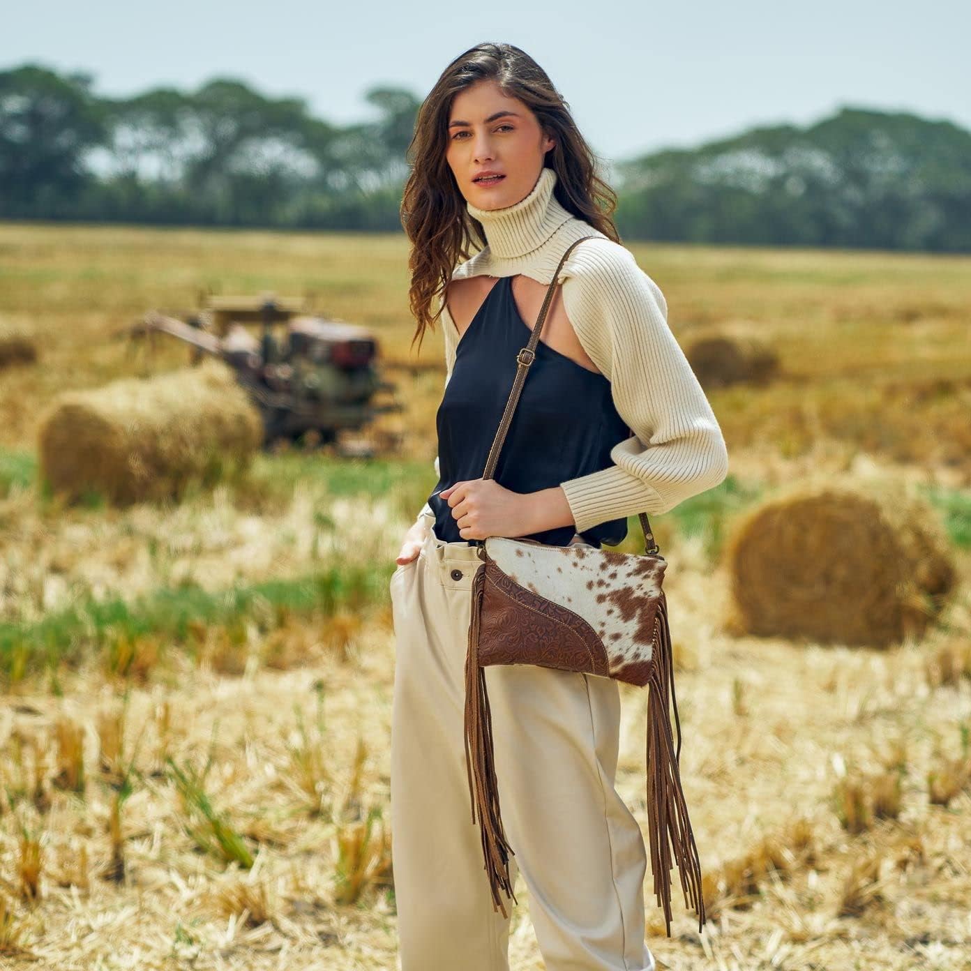 Myra Bag Western Leather Shoulder Handbag for Women - Cotton & Upcycled Canvas Boho Bag with Tassel Fractional