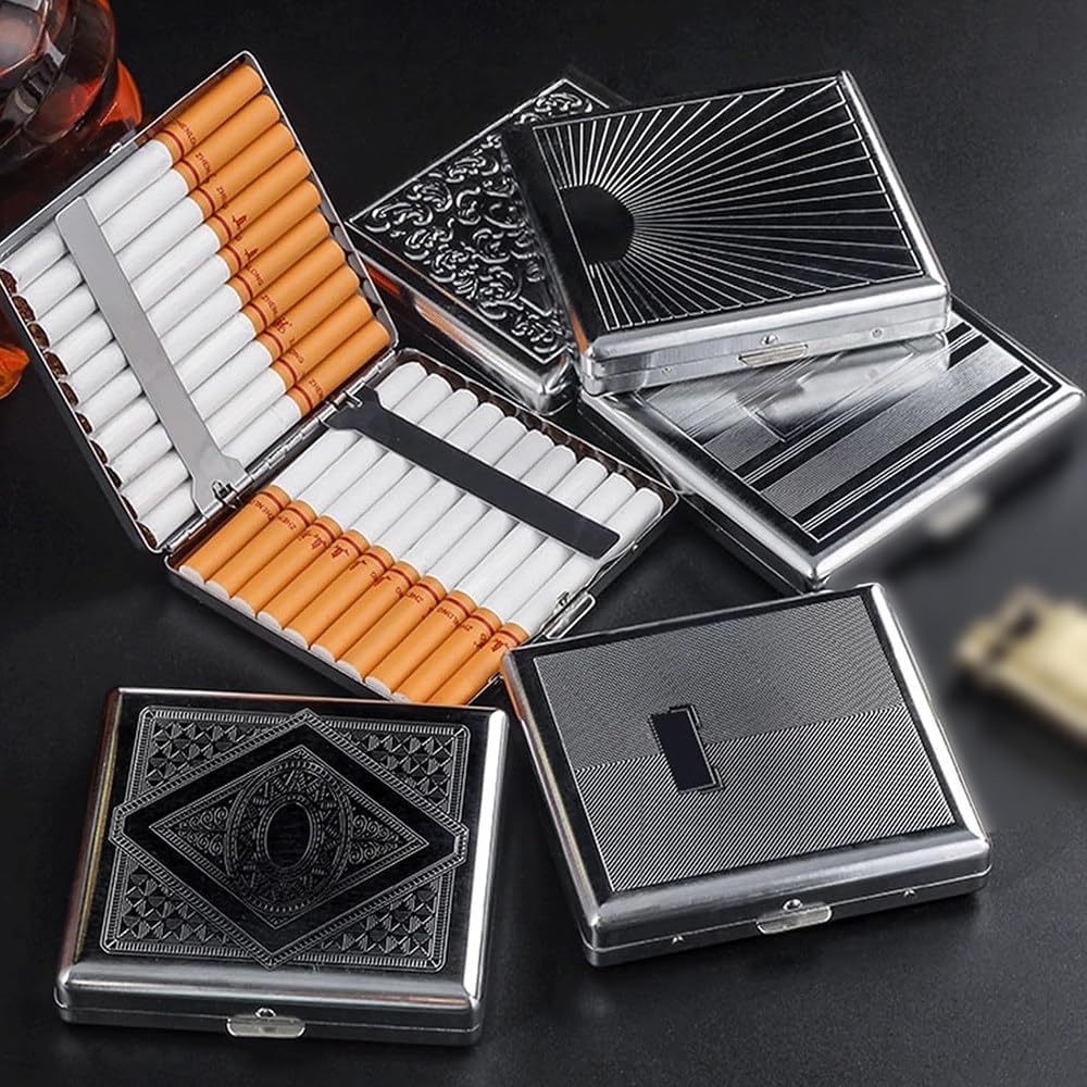 Retro Metal Cigarette Case, Unisex, Can Hold 20 Regular Thick Cigarettes, 2 Packs, Double-Sided Spring Clip, Compact and Pressure-Proof and Portable, Metal Material,Suitable for Smokers,E