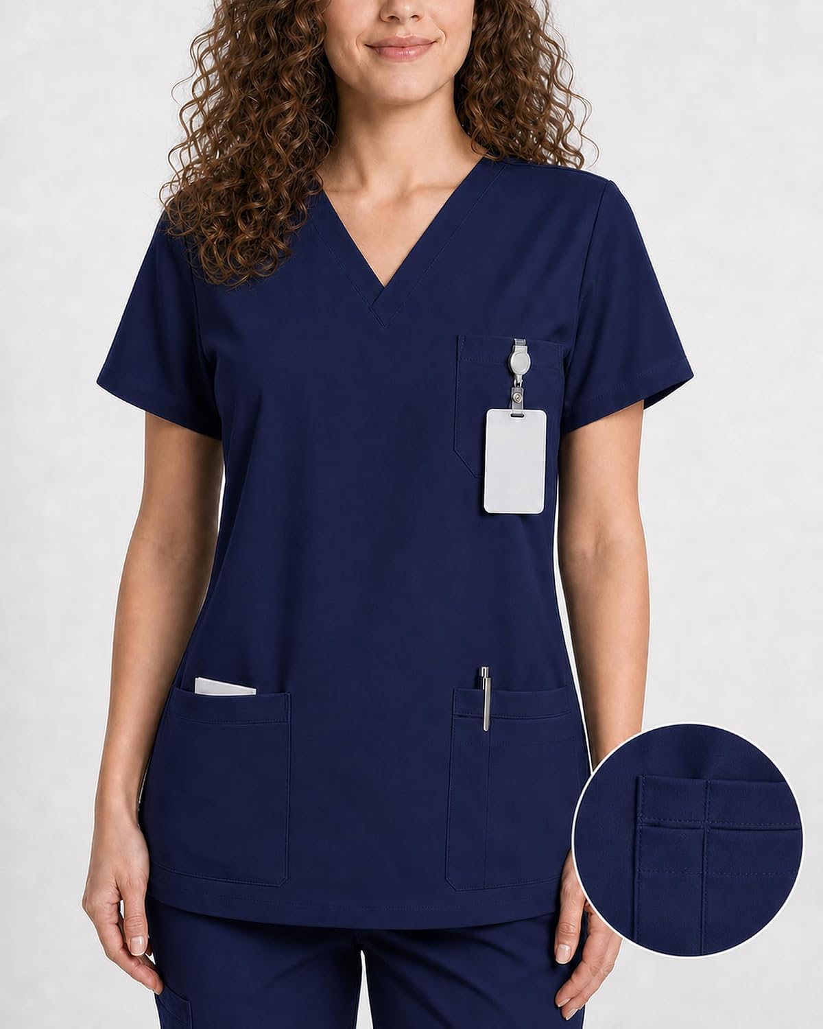 Women's V-Neck Scrub Top, 4-Pocket Stretch Medical Uniform