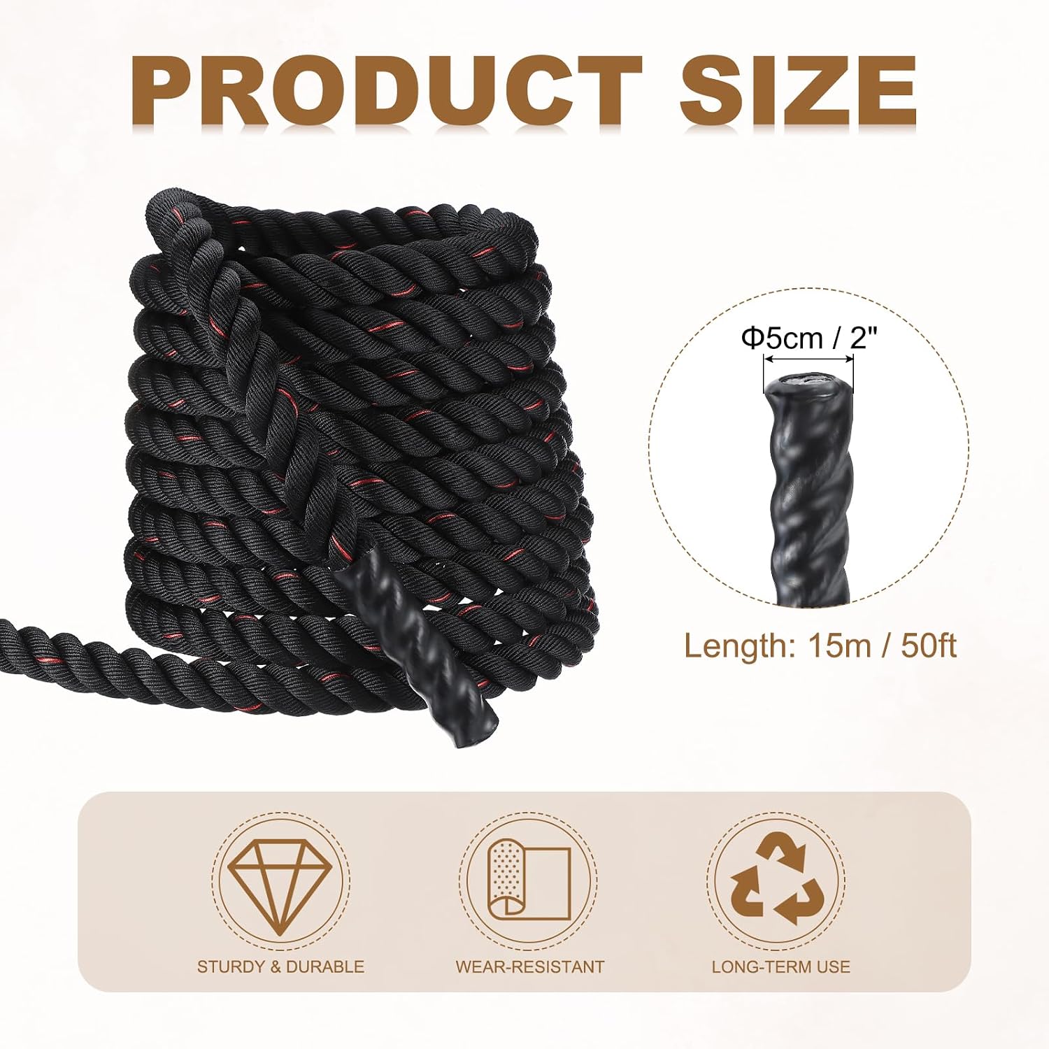 MECCANIXITY Battle Rope 30ft x 2 Inch Polyester Workout Rope Heavy Fitness Exercise Rope for Strength Training Home Gym Muscle Building, Black Red