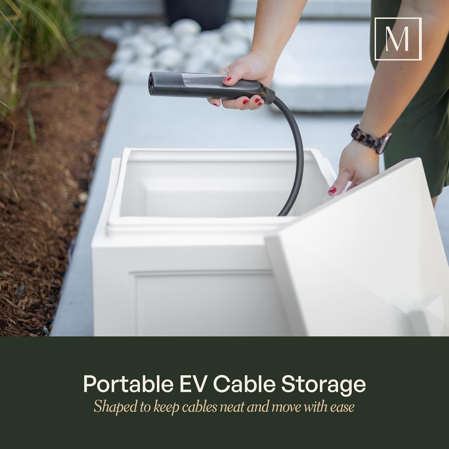 Mayne Heavy Duty Cable Storage Solution for Home & Garage, Lightweight & Functional Outdoor Storage Bin with Lid, Stylish Cable Organizer and EV Charger Storage, Black