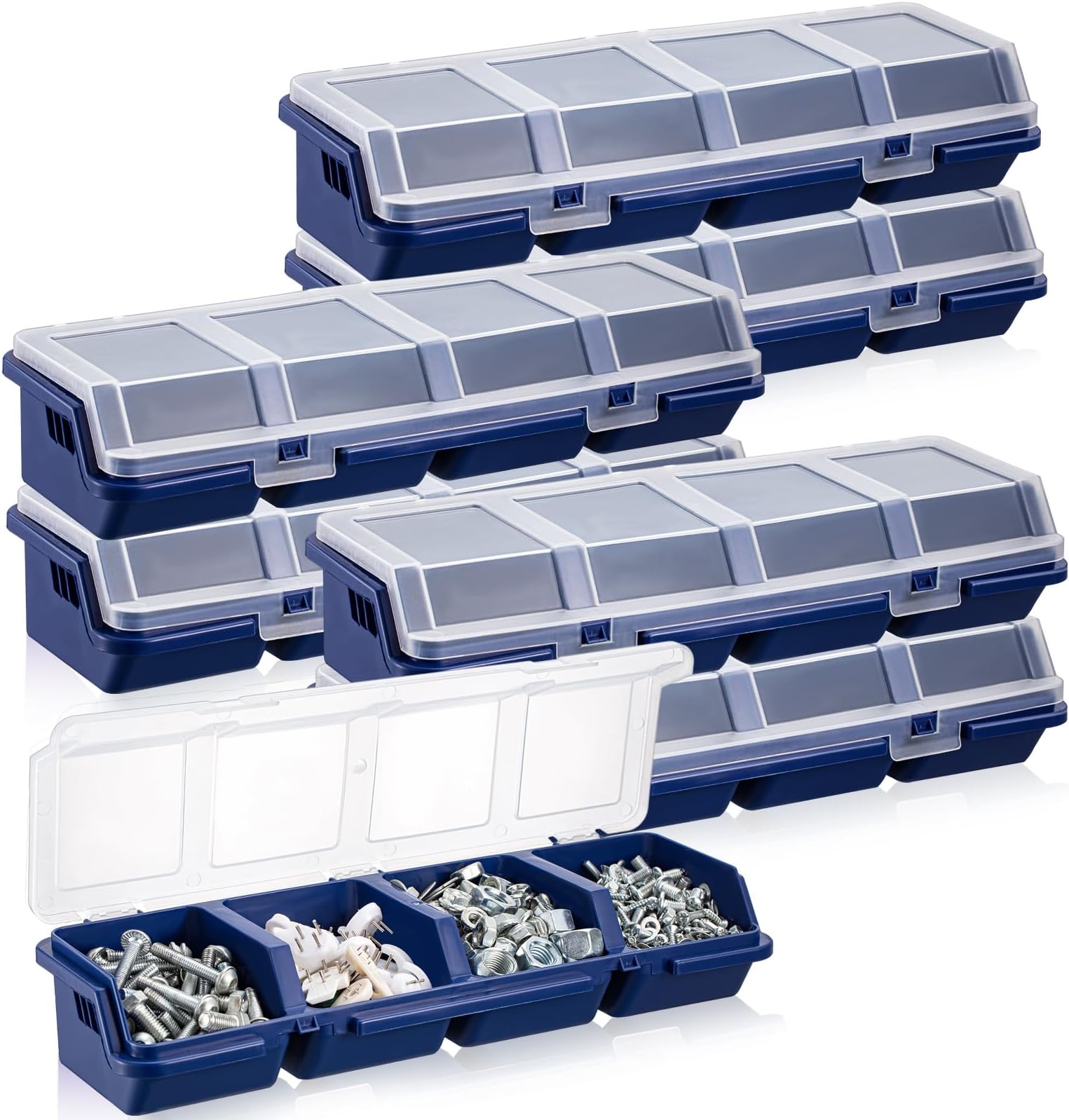 Hushee 6 Pack Screw Organizer Box with Lids 4 Compartments Tool Bin Divider Compartment Containers Sorting Screw Toolbox Case for Garage Craft Tool Hardware Workbench Organizing Storage, Blue