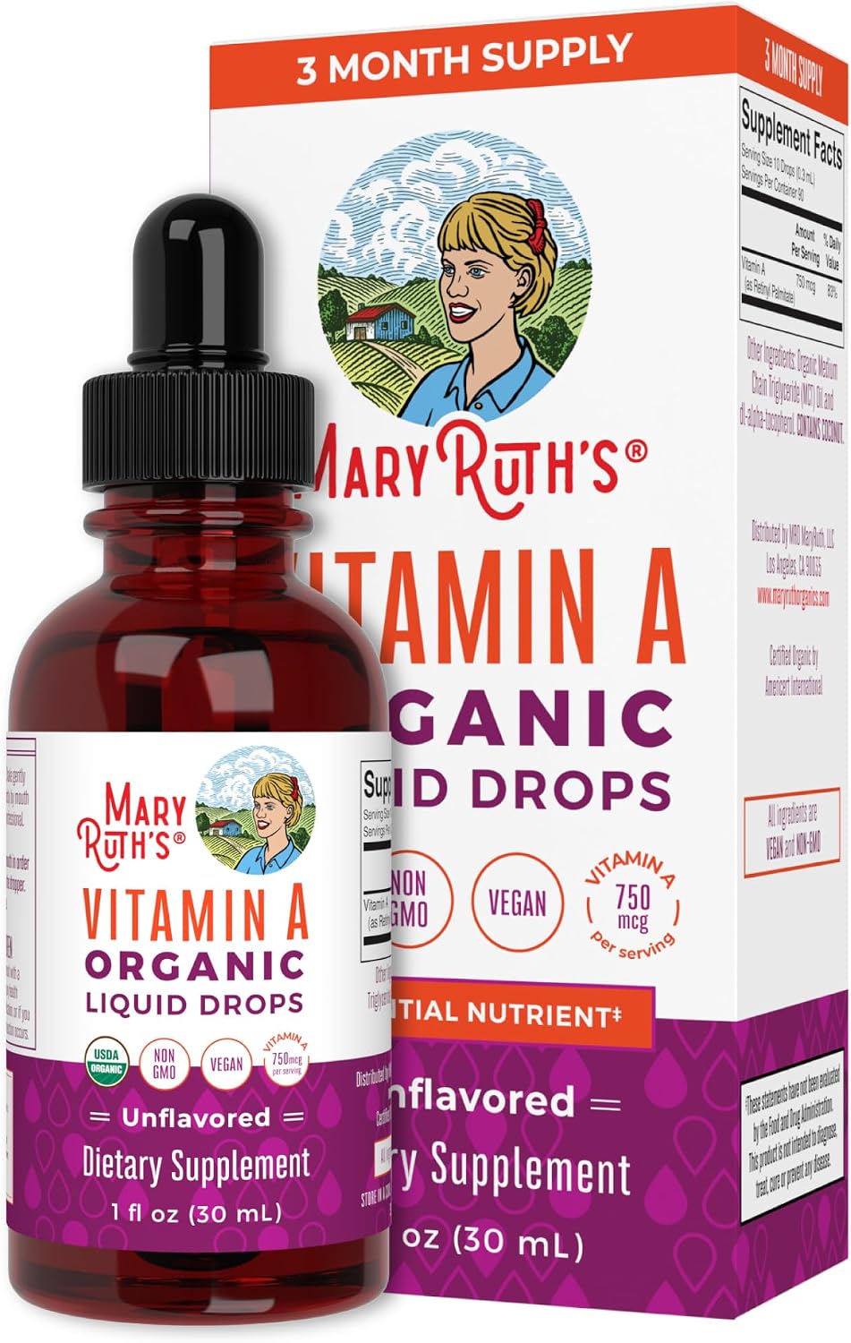 MaryRuth’s USDA Organic Vitamin A Liquid Drops | 3 Month Supply | Immune Support, Eye Health, Skin Health for Ages 14+ | 750mcg per Serving | Sugar Free | Vegan | Non-GMO | Gluten Free | 1oz