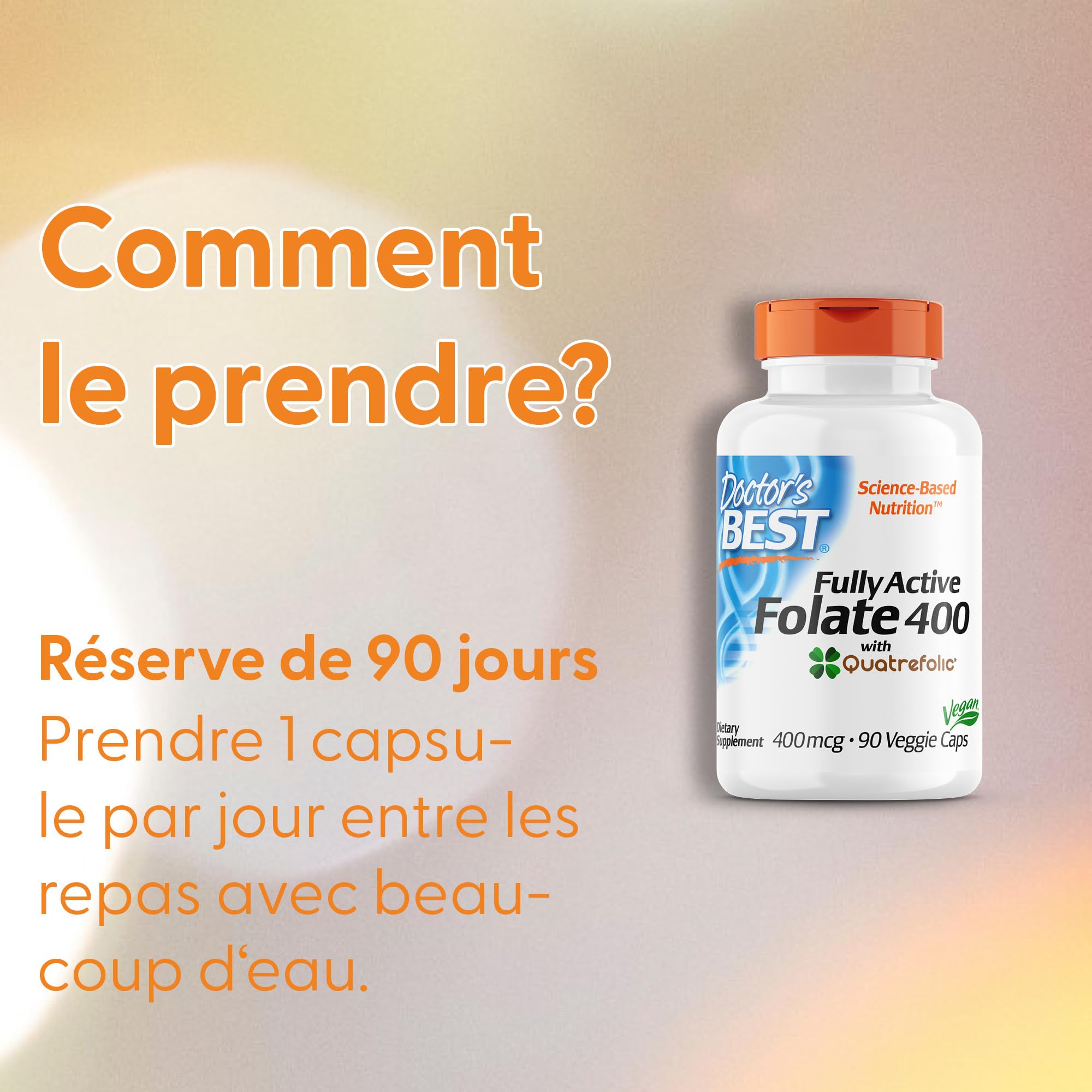 Doctor's Best, Fully Active Folate (Acide Folique), avec Quatrefolic, 400 mcg, 90 Capsules végétaliennes, Vitamine C, Testé en Laboratoire, Haute Dose, Sans Gluten, Sans Soja, Sans OGM