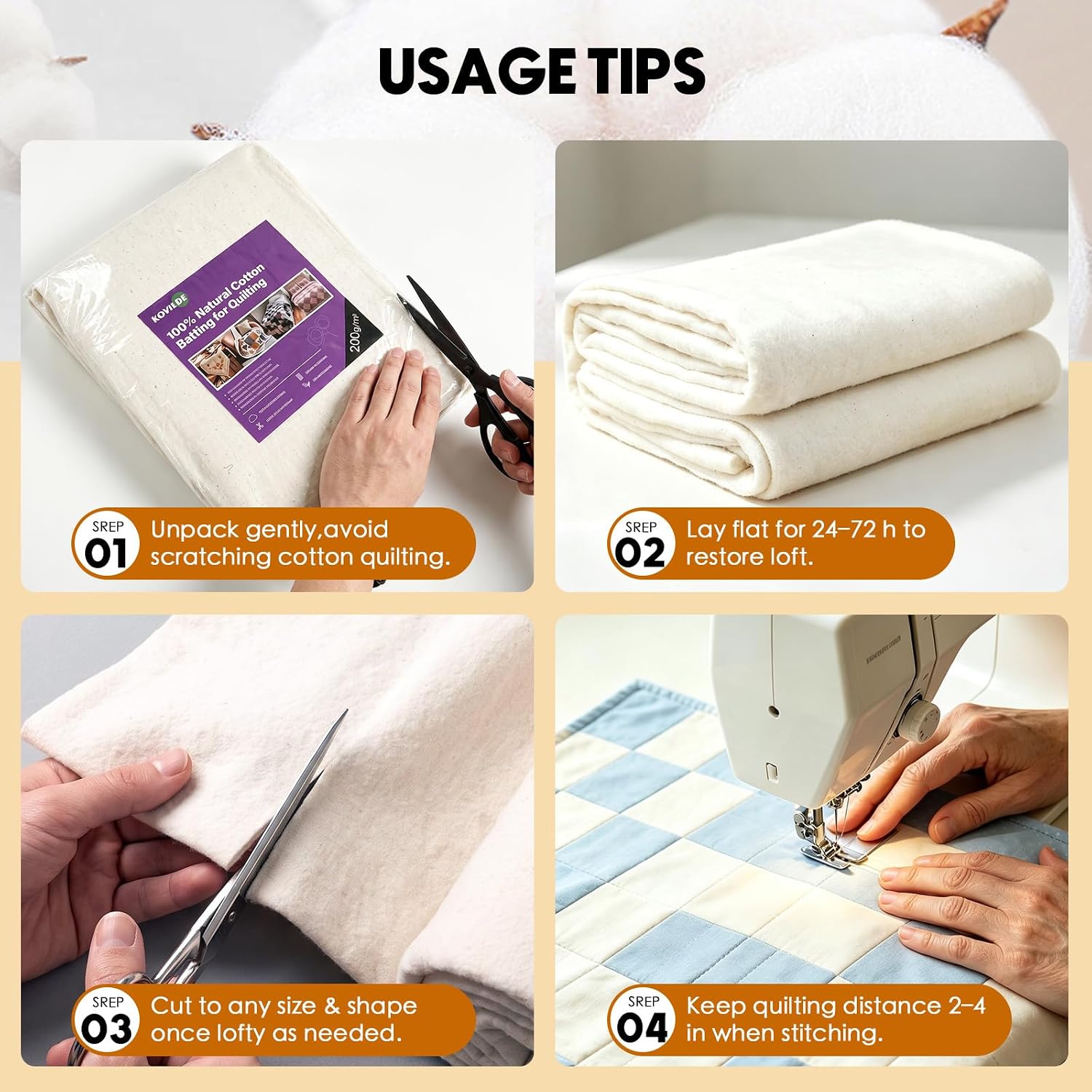 Natural Cotton Quilt Batting 60 × 60 Inches 200gsm