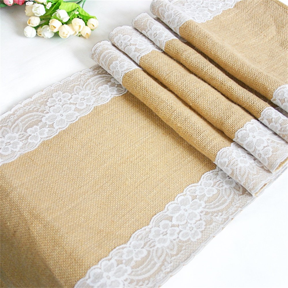 Time To Sparkle Jute With Lace 10Pcsjute Hessian Table Runners Lace 30X275cm Rustic Burlap Sewed Edge Wedding Table Decor (Jute With Lace)