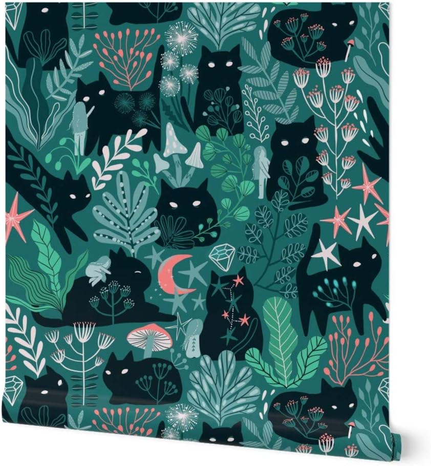 Peel & Stick Wallpaper 3ft x 2ft - Green Forest Cats Fairy Girl Elves Kitty Summer Spring Kitten Baby Kid Custom Removable Wallpaper by Spoonflower