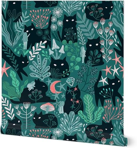 Papel tapiz autoadhesivo de 9 x 2 pies Gatos del bosque verde, hadas, elfos, gatito, verano, primavera, gatito, bebé, niño, papel tapiz extraíble