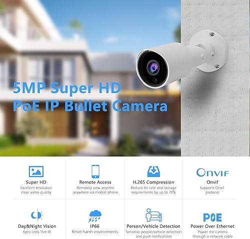Miniatura 2 de Cámara bala IP PoE de 5MP para exteriores, cámara de seguridad IP PoE H.265 con lente de 0.110 in, visión nocturna de 80 pies, gran angular de 105,