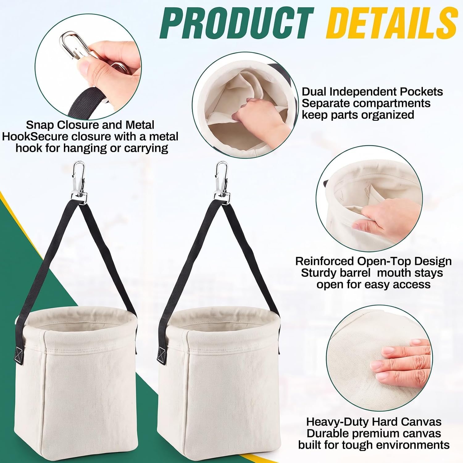 2 Pcs Tool Bags Square Bottom 2 Inner Pockets, 8" x 6.5" x 6.5" image 3