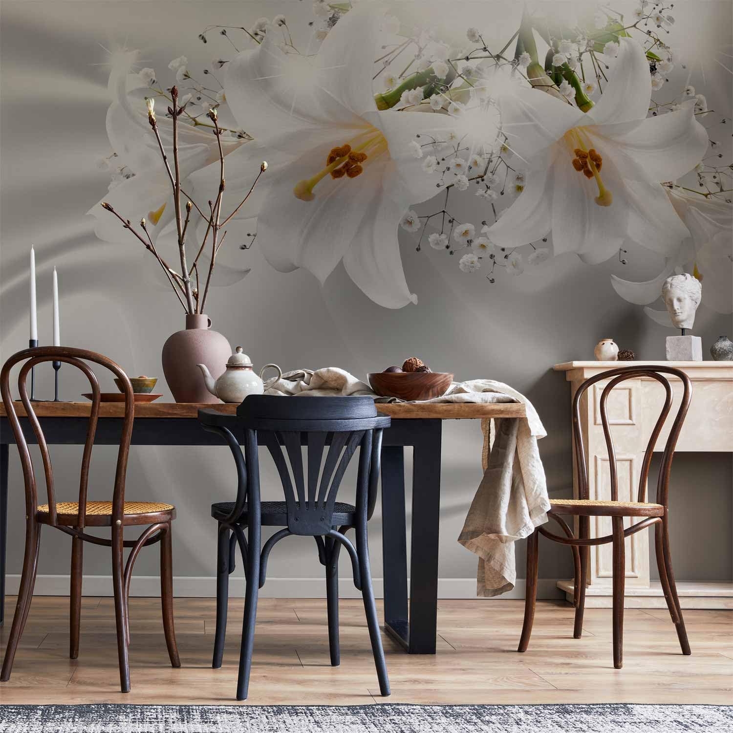 Fototapete murando Blumen Lilien 400x280 cm Vlies Tapeten Wandtapete XXL Moderne Wanddeko Design Wand Dekoration Wohnzimmer Schlafzimmer Büro Flur Blume Abstrakt weiß 3D Optisch Illusion b-C-0158-a-a