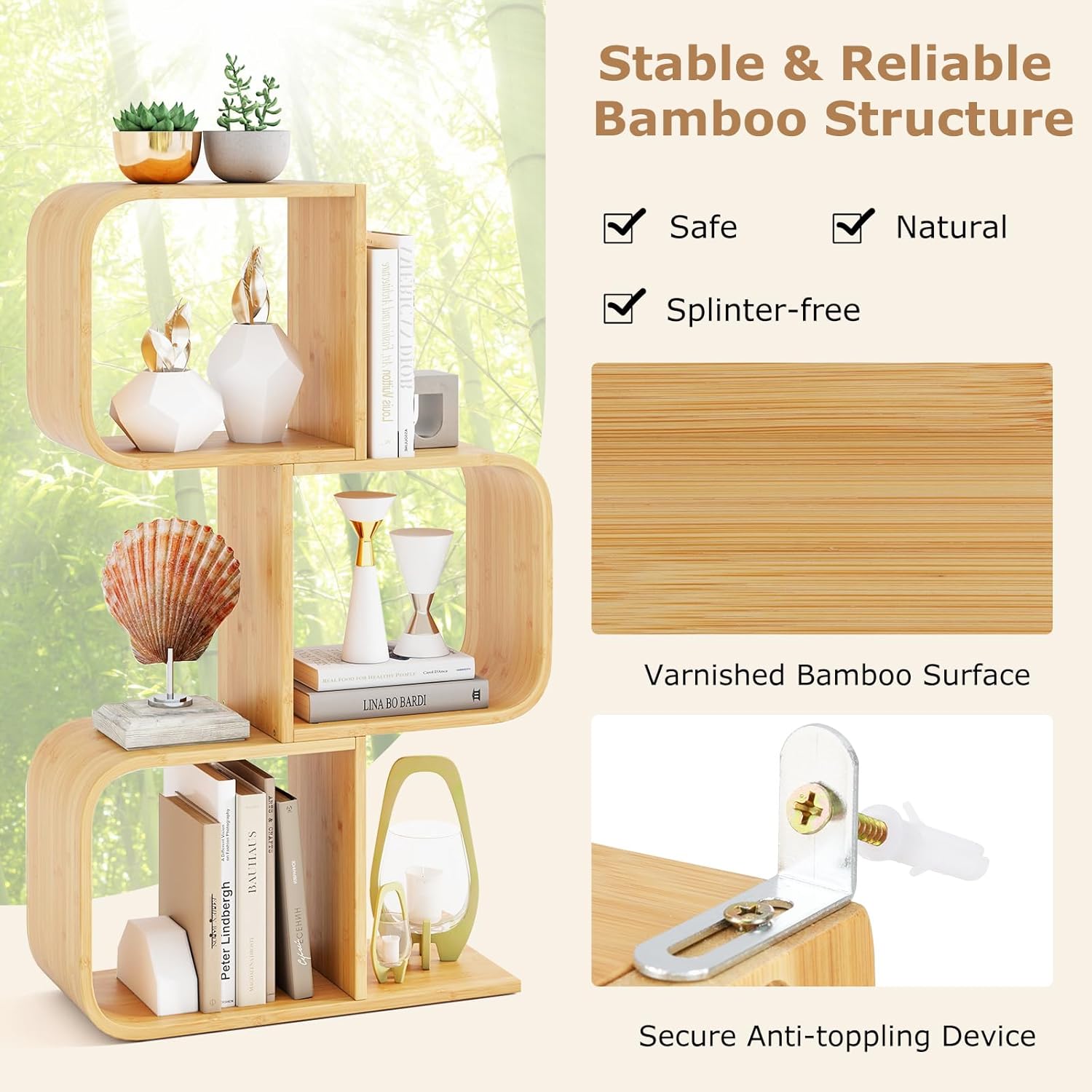 Tangkula Bamboo Geometric Bookshelf, 3-Tier S-Shaped Bookcase w/Open Cubes & Anti-Tipping Device, Freestanding Display Shelf Storage Organizer for Living Room, Study, Home Office (1, 3-Tier)
