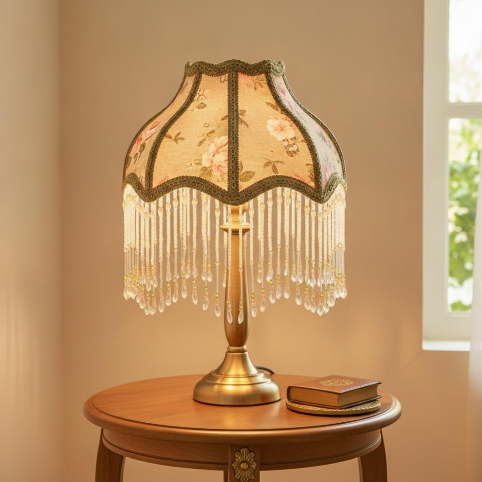 Lampenschirm mit Fransen Viktorianisch Stofflampenschirm Vintage Ersatzschirm für Schlafzimmer, Hotel, 11x32x16 Cm, Samtstoff Mit Fransen Und Perlenanhängern