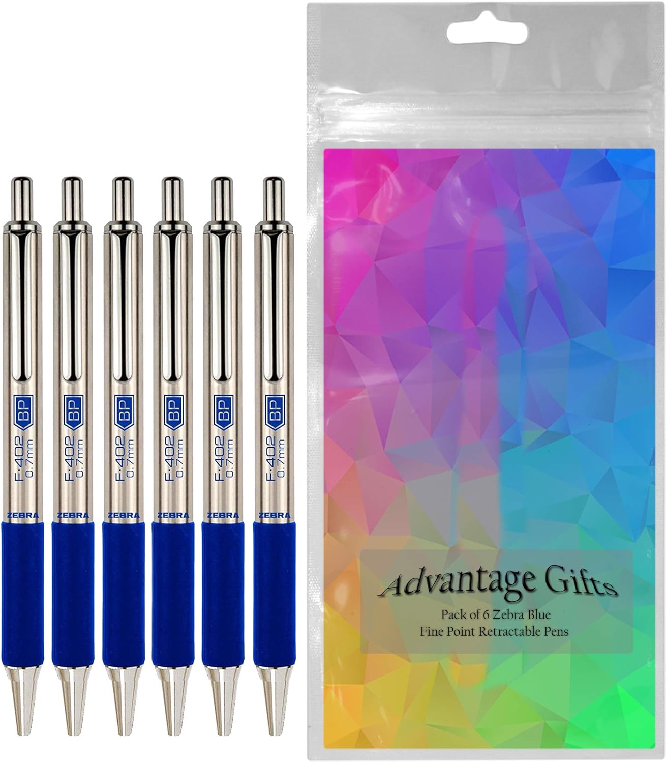 Zebra F-402 Ballpoint Stainless Steel Retractable Pen, Fine Point, 0.7mm, Blue Ink, 6-Count Bundle with Plastic Reusable Pouch