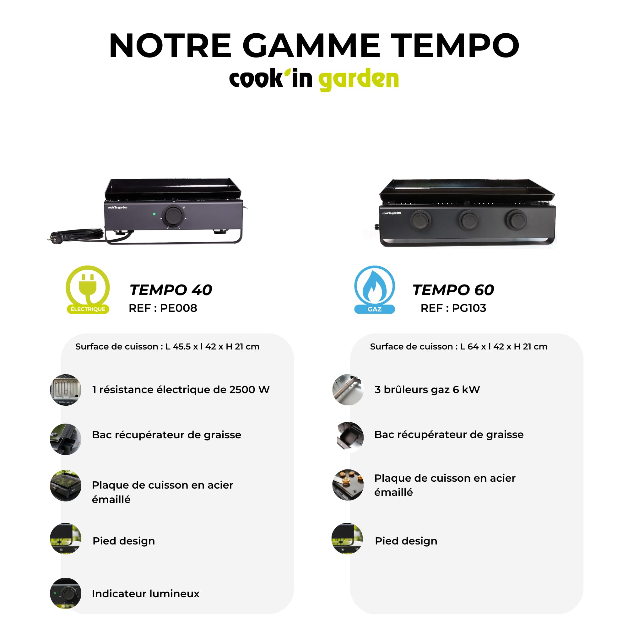 Cook'in Garden - Plancha Gaz Tempo, 3 Brûleurs 6 kW, Plaque en Acier Émaillé, Bac Récupérateur de Graisse Amovible, Idéal 10 Personnes, Idéal Terrasse et Jardin
