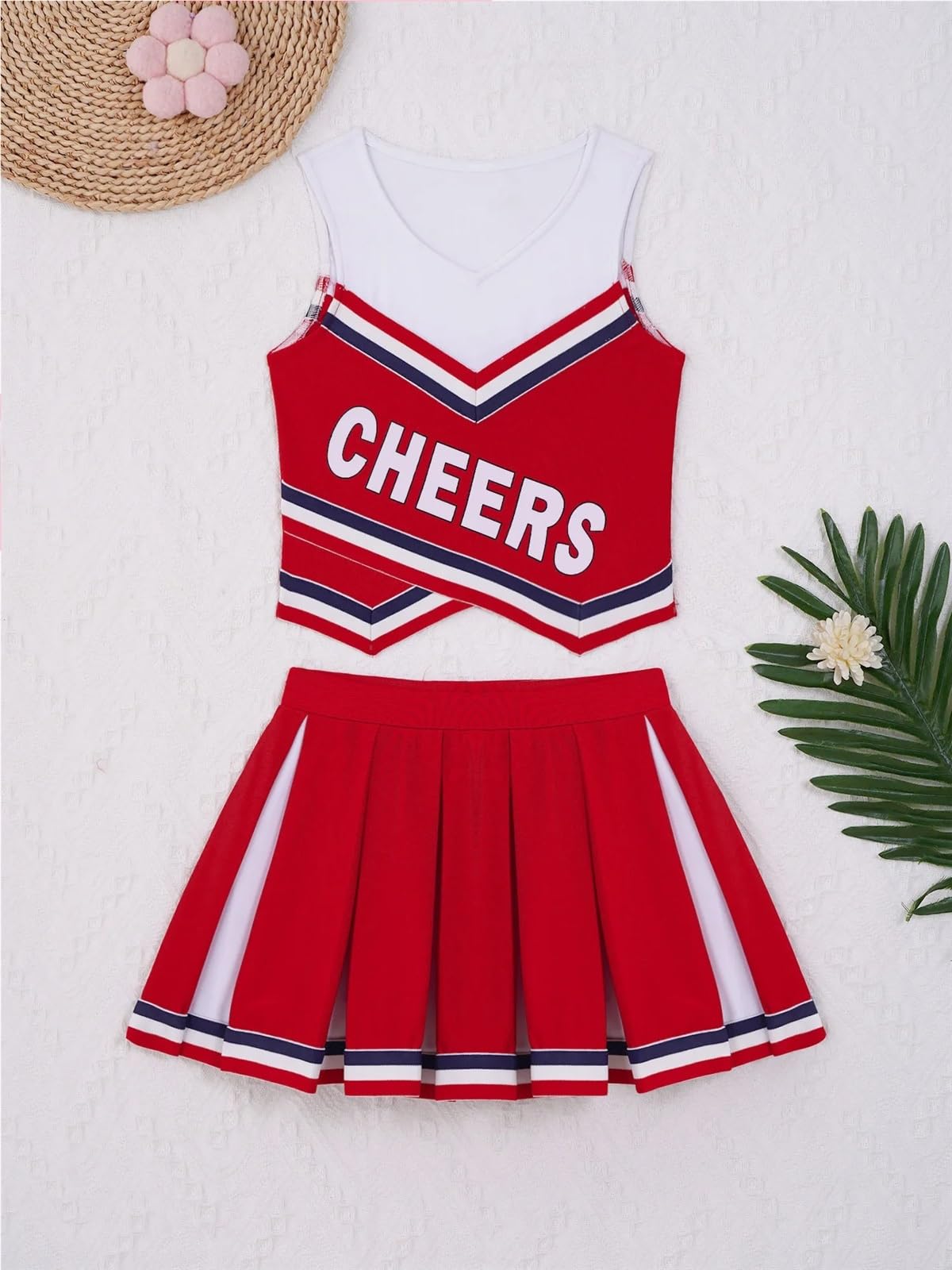 Kinder Mädchen Cheerleading Uniform Anzug Ärmellos Buchstaben Druck Mit Plissee Rock Outfit Set Cheerleader Karneval Party Kostüme mit Accessoires
