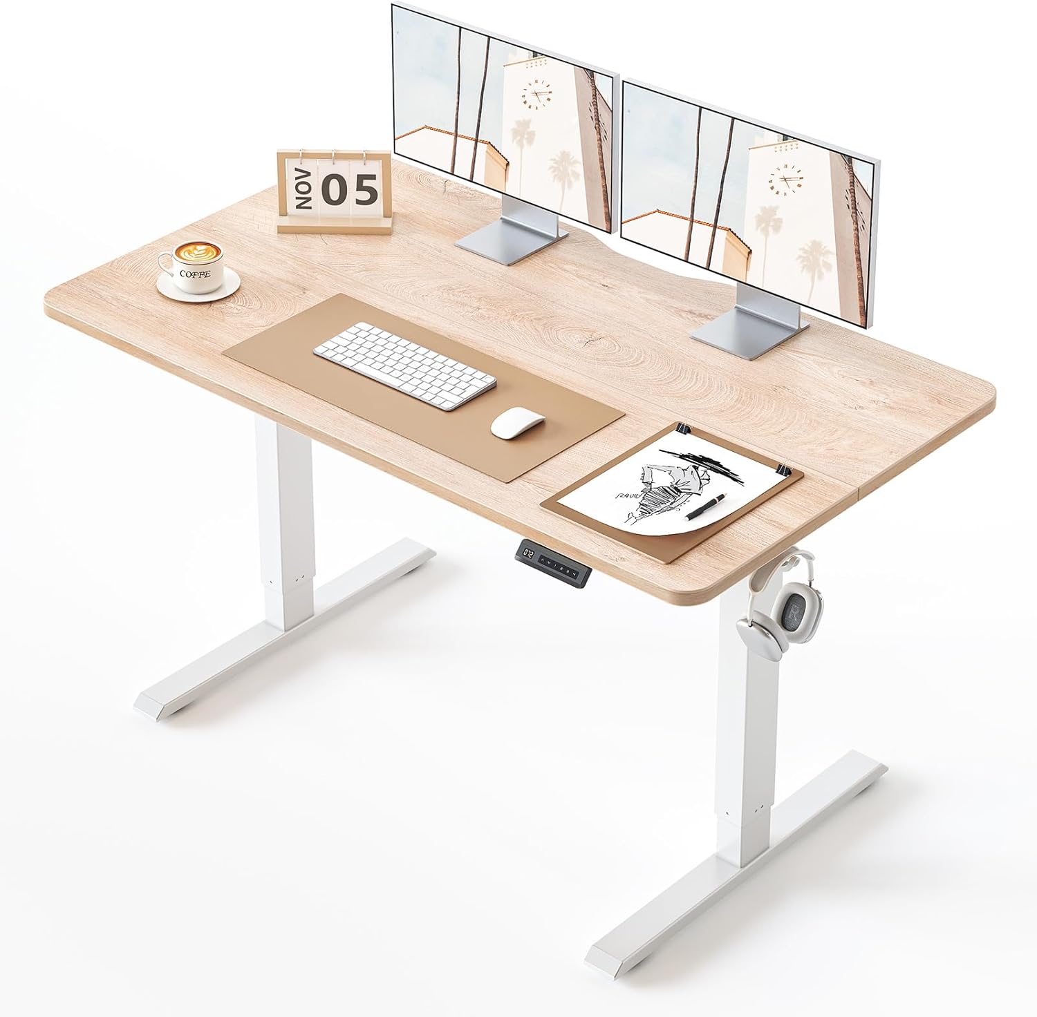 BANTI 48 × 24 Inches Standing Desk, Ergonomic, Electric Height Adjustable, Sit and Stand Up, Computer Office Desk with Splice Board, White Frame/Maple Top