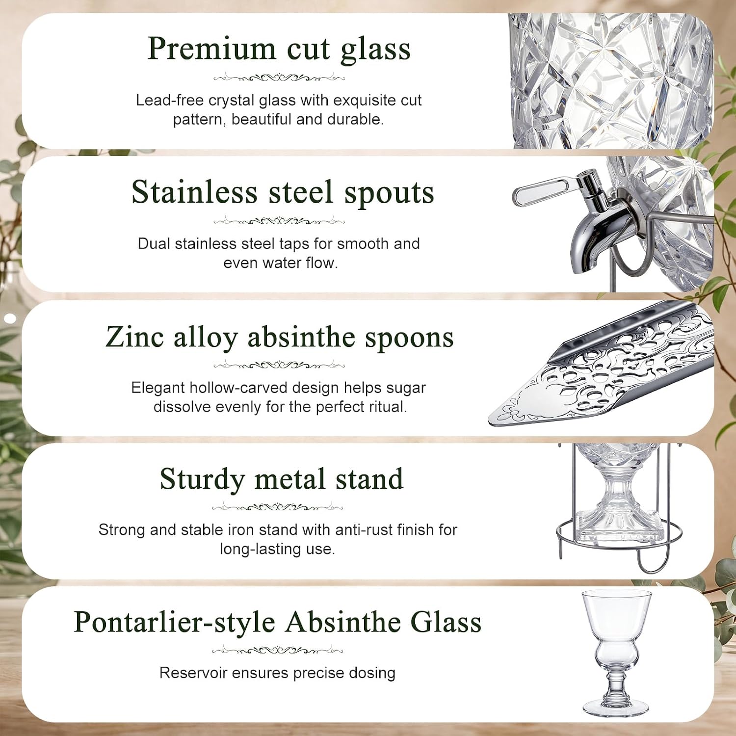 Sawysine Absinthe Fountain Set with 4 Glasses & 4 Spoons – Vintage Crystal Absinthe Dripper Dispenser with Dual Spigots, Metal Stand & Sugar Spoons, Complete Ritual Kit for Home Bar & Party