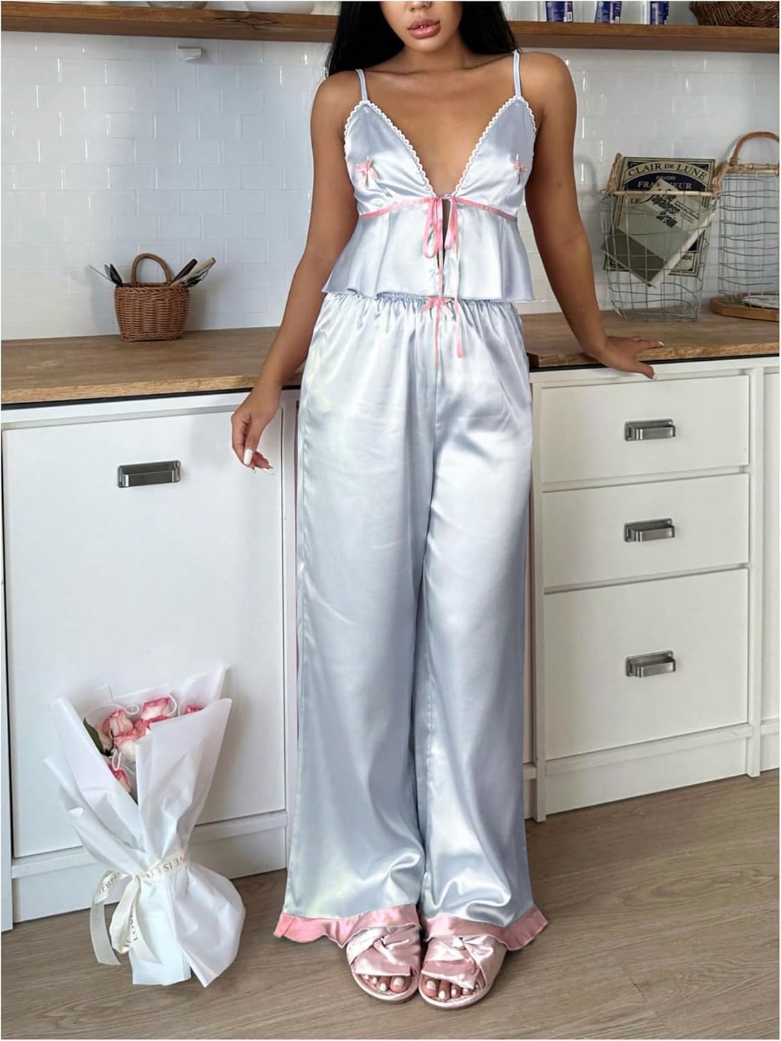 SweatyRocks Women's Pajama Sets 2 Piece Cute Sleepwear Spaghetti Strap Camisole and Wide Leg Pants Sleepwear Set - Image 3