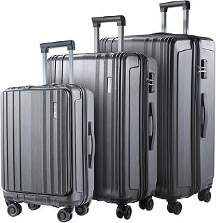 Luggage Set 3 Piece 21/24/28, 21 Inch with Front Pocket & Expandable 24/28 Inch Luggage, ABS+PC Lightweight Hardshell Suitcase with Spinner Wheels, TSA Lock, YKK Zipper, Silver Grey