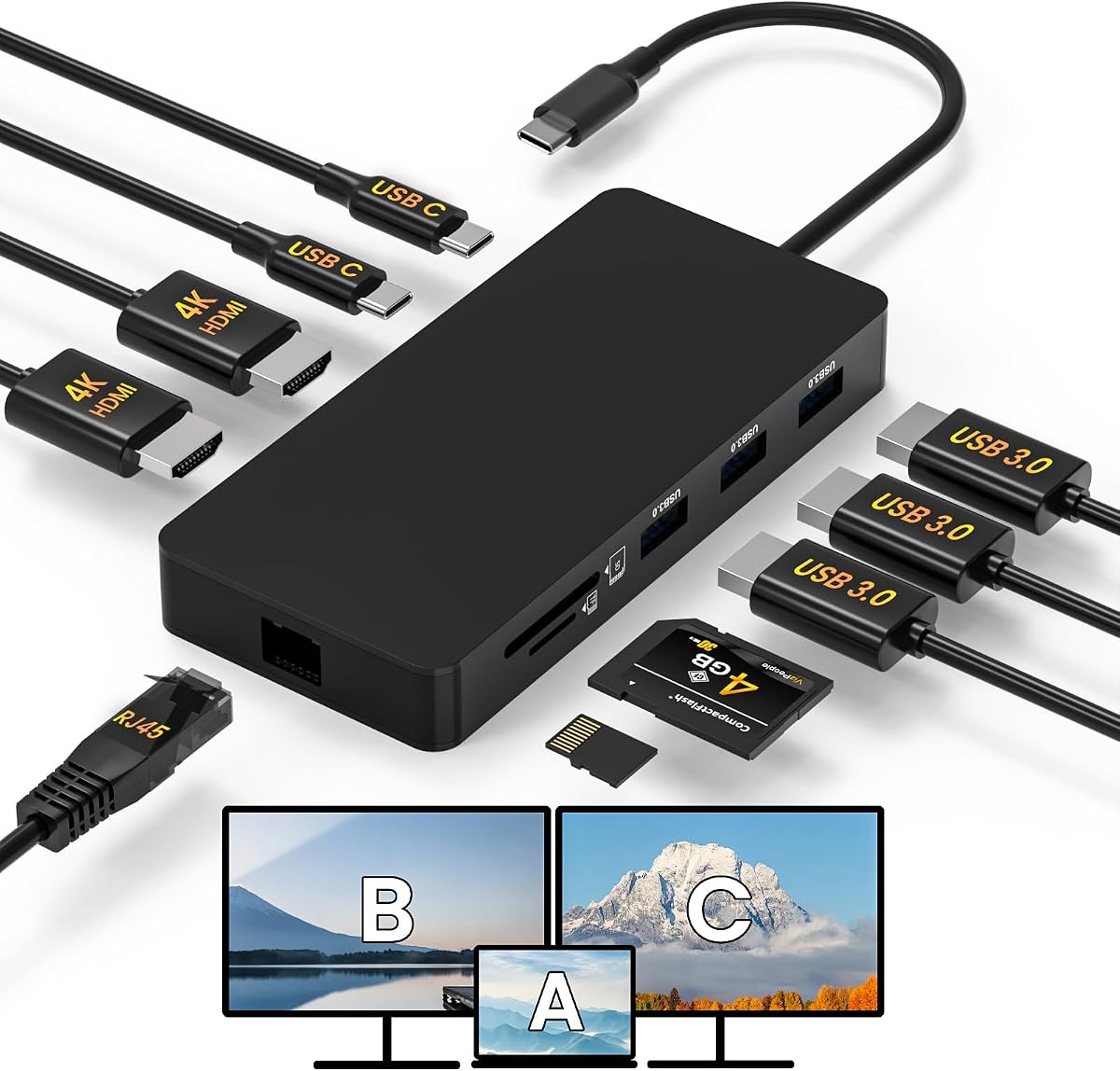 Laptop Docking Station Dual 4K HDTV Monitor | USB C to 2 HDTV Splitter Extended Display, 1000Mbps LAN, USB A&C 3.0, SD/TF Card, 100W PD, MacOS Only Mirrors Same Screen